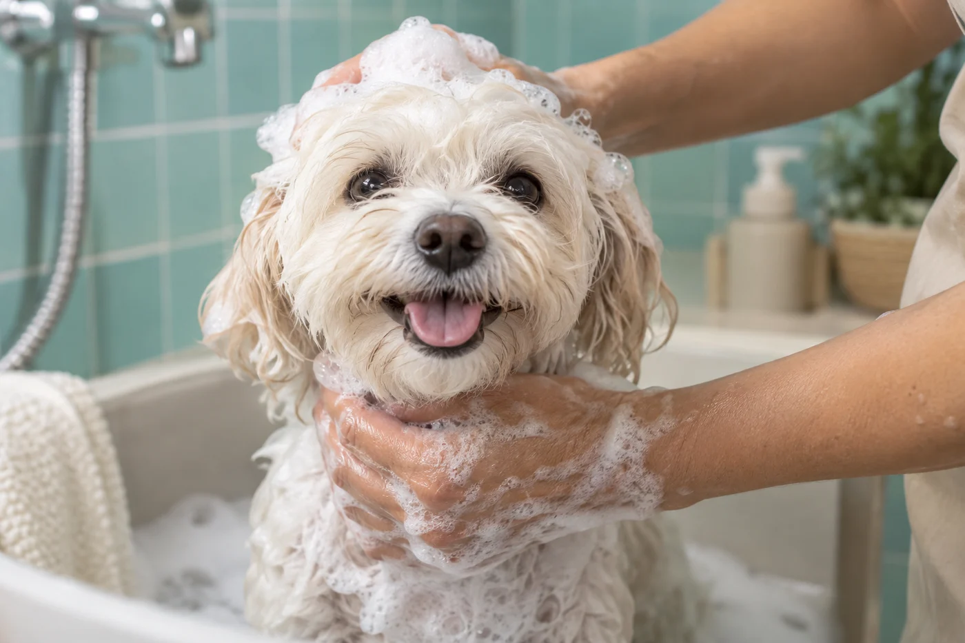 Illustrative scene of a small white dog receiving a gentle bath
